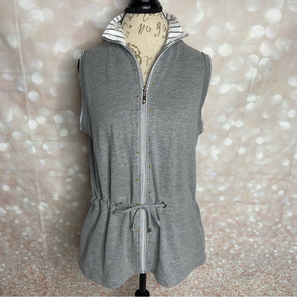 Cali and York Elegant Gray Sleeveless Hoodie with Zip-Up Front Large